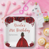 ダークスキンのプリンセス 赤い花の誕生日 ペーパープレート (パーティー)