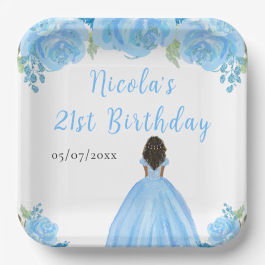 ダークスキンのプリンセス 青い花の誕生日パーティー ペーパープレート (正面)