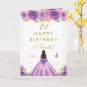 ダークスキンの女の子の誕生日おめでとう(紫の花) カード (黄色い花)