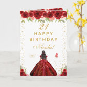 ダークスキンの女の子の赤い花柄の誕生日 カード (黄色い花)