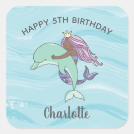 ダークスキンパープルマーメイドとイルカ誕生日 スクエアシール