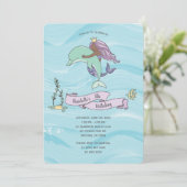 ダークスキンパープルマーメイドとイルカ誕生日 招待状 (スタンド正面)