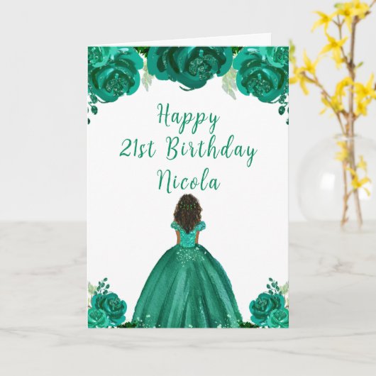 ダークスキンプリンセスグリーンフローラバースデーパーティー カード (黄色い花)