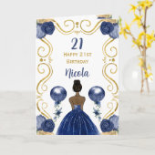 ダークスキンプリンセスネイビーハッピーバースデー カード (黄色い花)