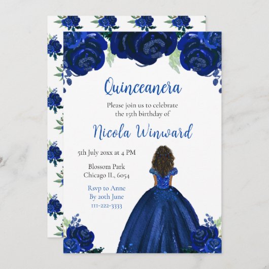 ダークスキンプリンセスネイビーフローラキンセアニェラ 招待状 (正面/裏面)