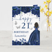 ダークスキンプリンセス ネイビーブルードレス 誕生日 カード (黄色い花)
