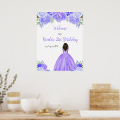 ダークスキンプリンセス パープルの花のバースデーウェルカム ポスター (キッチン)