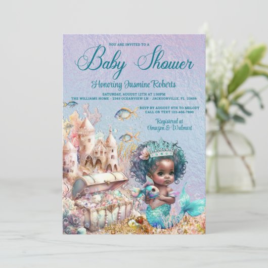 ダークスキンマーメイドプリンセスベビーシャワー 招待状 (スタンド正面)