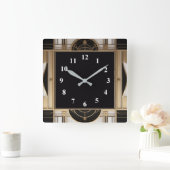 ダークスクエアアールデコクロック白黒と金ゴールド スクエア壁時計 (ホーム)
