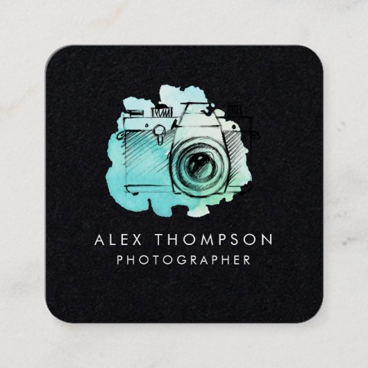 ダークスクエアウォーターカラーカメラフォトグラファー スクエア名刺 (正面)