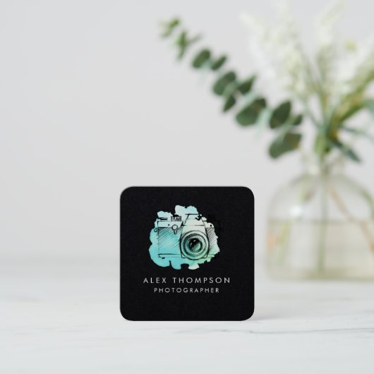 ダークスクエアウォーターカラーカメラフォトグラファー スクエア名刺 (スタンド正面)