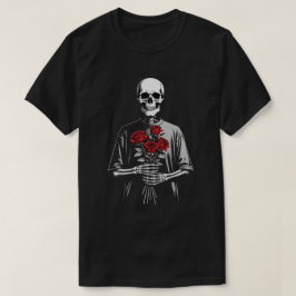 ダークスケルトン+レッドローズブーケ ゴシックアート Tシャツ