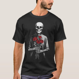 ダークスケルトン+レッドローズブーケ ゴシックアート Tシャツ