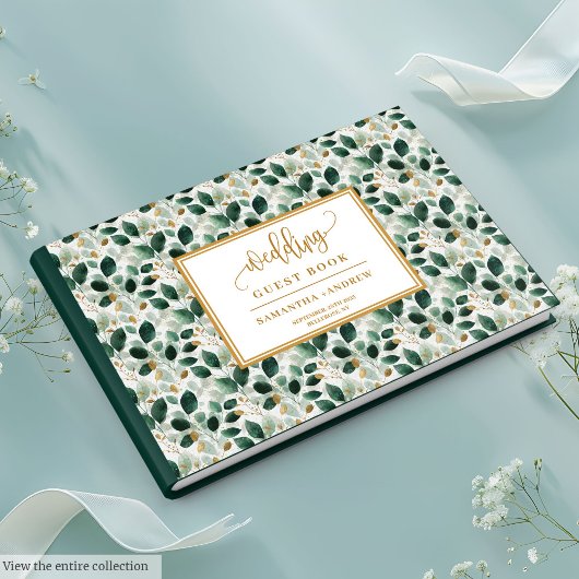 ダークスタイリッシュグリーンと金ゴールド結婚ズゲストブック ゲストブック
