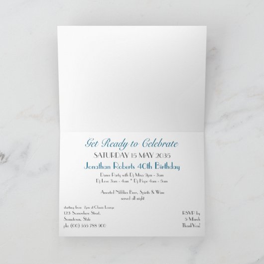 ダークスタイリッシュティール（緑がかった色）デニムガイ誕生日パーティー 招待状 (内部)