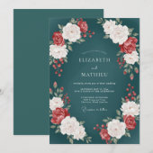 ダークスレートの深紅の花弁の結婚式 招待状 (正面/裏面)
