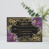 ダークズ結婚深いパープルフローラヴィンテージ金ゴールド 出欠カード (スタンド正面)