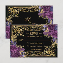 ダークズ結婚深いパープルフローラヴィンテージ金ゴールド 出欠カード