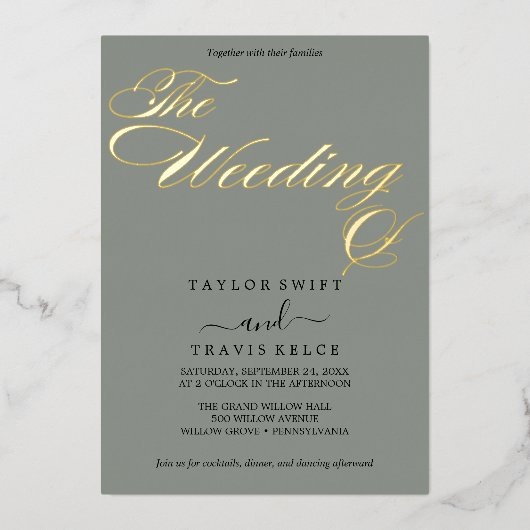 ダークセージとゴールドフォイルエレガントな結婚式 箔招待状 (正面)