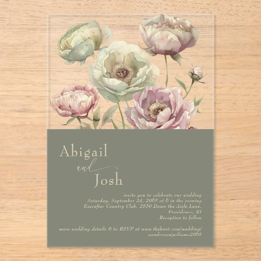 ダークセージピンク&セージフローラ牡丹アクリル アクリル招待状 (正面)