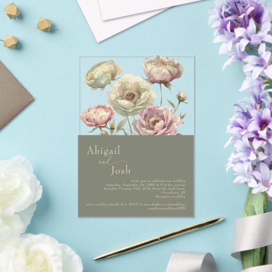 ダークセージピンク&セージフローラ牡丹アクリル アクリル招待状 (インサイチュ (ウェディング))