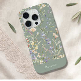 ダークセージ水彩フラワー iPhone 15 PROケース