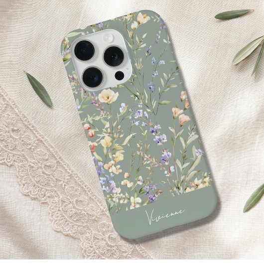 ダークセージ水彩フラワー iPhoneケース