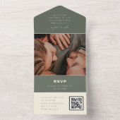 ダークセージ ミニマリスト ウェディング フォト QR コード RSVP オールインワン招待状 (内側)