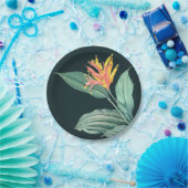 ダークターコイズグリーンの背景にトロピカルオレンジのヘリコニアの花とサググリーンの葉, 2つのサイズ ペーパープレート (パーティー)