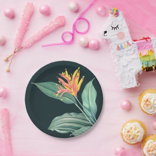 ダークターコイズグリーンの背景にトロピカルオレンジのヘリコニアの花とサググリーンの葉, 2つのサイズ ペーパープレート (パーティー)