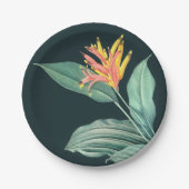 ダークターコイズグリーンの背景にトロピカルオレンジのヘリコニアの花とサググリーンの葉, 2つのサイズ ペーパープレート (正面)