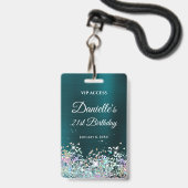 ダークターコイズフォイルホログリッター21st誕生日 バッジ (正面（ネックストラップ付）)
