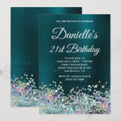 ダークターコイズフォイルホログリッター21st誕生日 招待状 (正面/裏面)