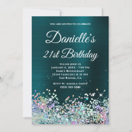 ダークターコイズフォイルホログリッター21st誕生日 招待状