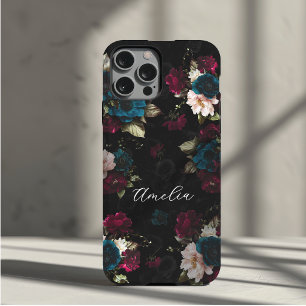 ダークターコイズブルーとレッドの花のモノグラム iPhone 11 PROケース