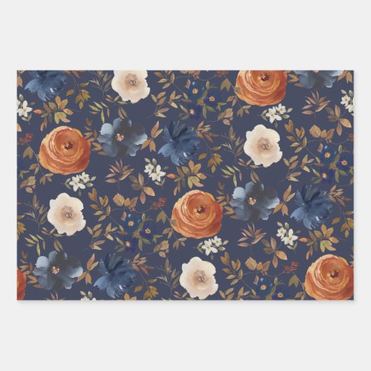 ダークダスティブルーラストウォーターカラーフローラ ラッピングペーパーシート (正面)