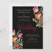 ダークチューリップイチゴ写真QRコー結婚ド 招待状 (正面)