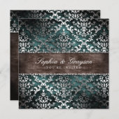 ダークチョコレートティール（緑がかった色）グリマーダマスクウエディング招待状 招待状 (正面/裏面)