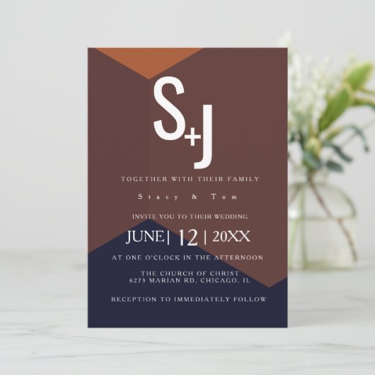 ダークチョコレートテラコッタネイビー結婚タイポグラフィ 招待状 (スタンド正面)