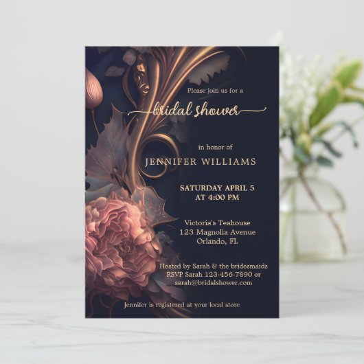 ダークチョコレートバラ金ゴールドブライダルシャワー 招待状 (スタンド正面)