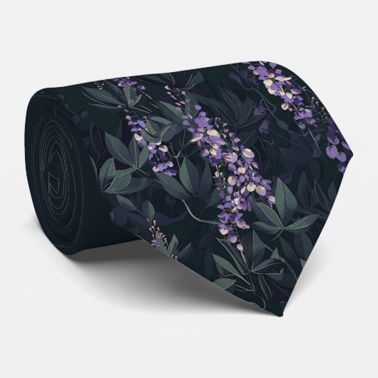 ダークティールとパープルの藤の花のフラワーネクタイ ネクタイ (ロール)