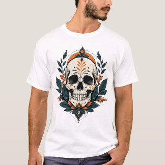 ダークティールの葉を持つゴシックボタニカル・スカル Tシャツ