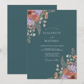 ダークティールウッドランドのモダンな結婚式 招待状 (正面/裏面)