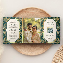 ダークティールゴールドレースQRコード写真インドの結婚式 三つ折り招待状