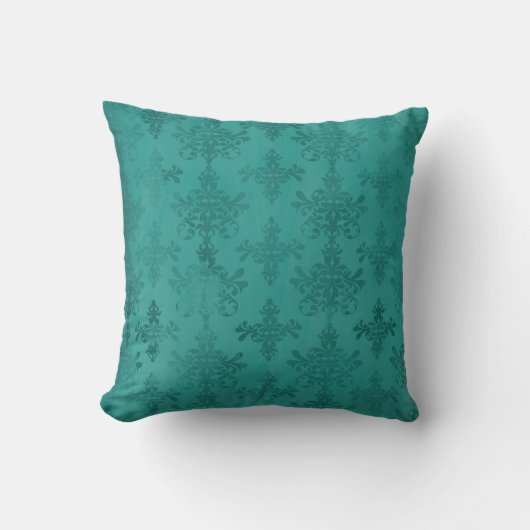 ダークティールブルーグリーンのダマスク模様デザイン クッション (正面)