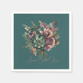 ダークティール ターコイズ バーガンディ フラワーボウquetシャワー スタンダードカクテルナプキン (正面)