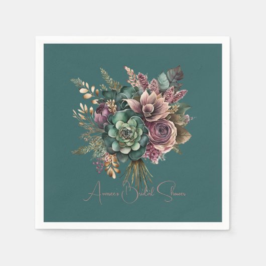 ダークティール ターコイズ バーガンディ フラワーボウquetシャワー スタンダードカクテルナプキン (正面)