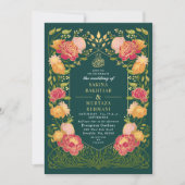 ダークティール（緑がかった色）エンチャントガーデンフローラムスリム結婚ズ 招待状 (正面)