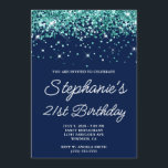 ダークティール（緑がかった色）グリッターミッドナイトブルー21st誕生日 招待状<br><div class="desc">彼女モダンのための21歳の誕生日の招待モノリンのスクリプト。この招待状はカスタマイズ、別のマイルストーン誕生祝いに対して使用できる。デジタルアートフェイクは、真夜中の青い背景色に対して余分なスパークを持つ明るい暗いティール（緑がかった色）無地のグリッターを特徴としている。このデザインのキラキラ輝く光る要素はモダンすべてガーリー、これらの招待状上の写真のようにプリントするデジタルアートグラフィックスである。</div>
