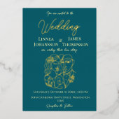 ダークティール（緑がかった色）ゴールデンエレガントなウェディングモダンカップル 箔招待状 (正面)